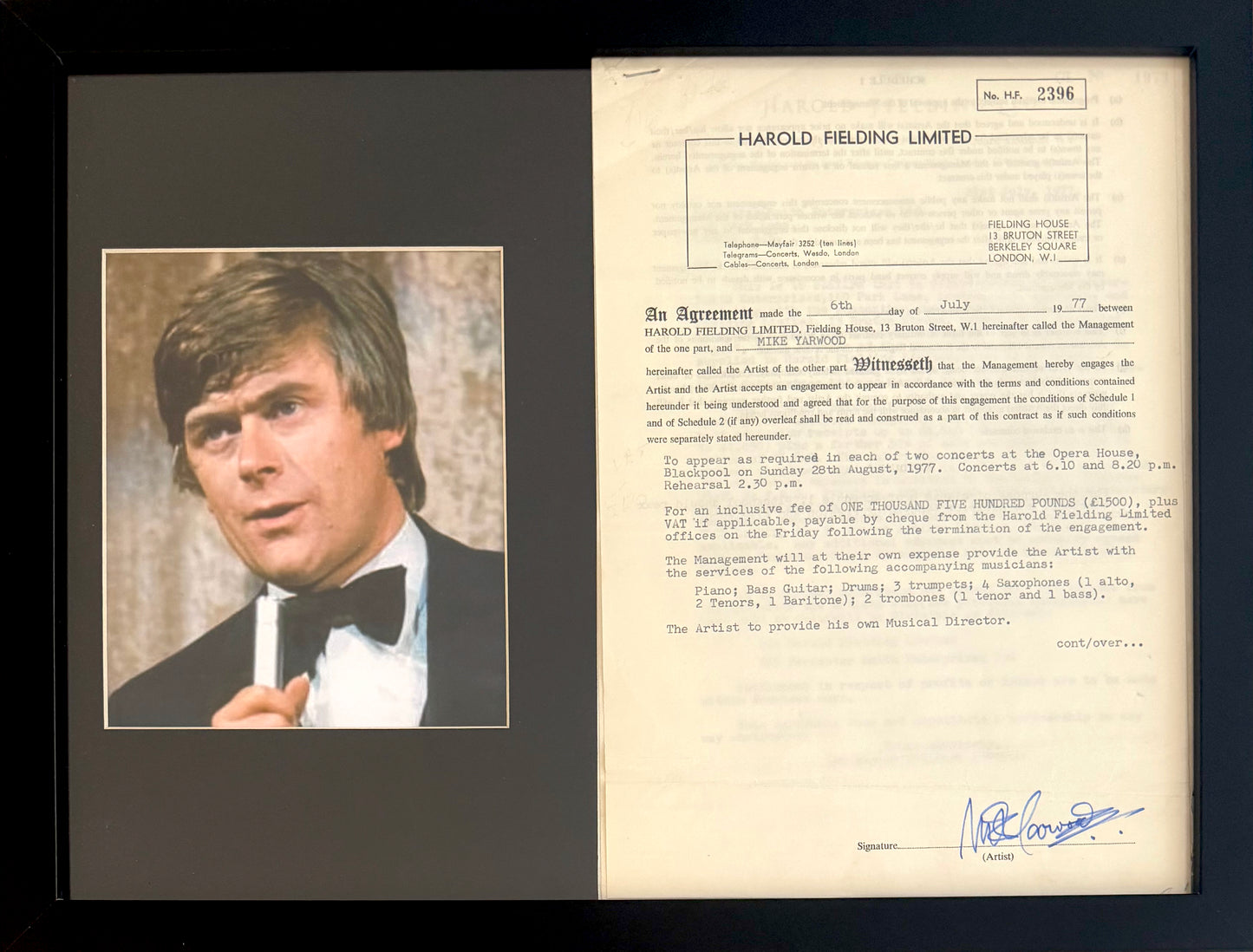 Mike Yarwood, Hand Signed Original Contract, 40cm x 30cm Presentation & COA