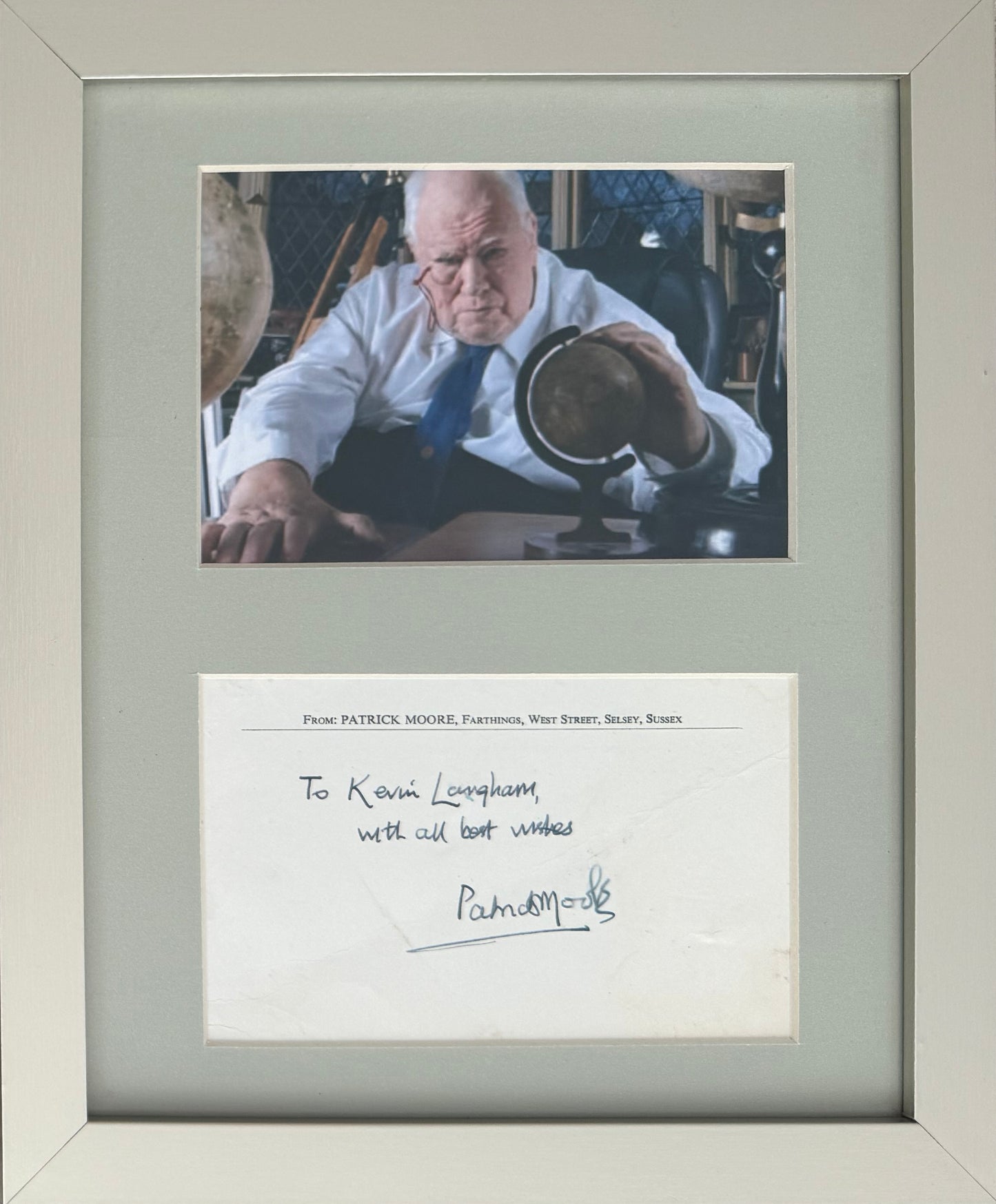 Sir Patrick Moore, Hand Signed Card With Photo Presentation & COA