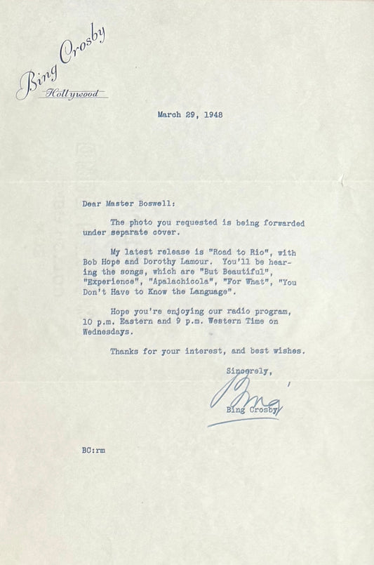 Bing Crosby, Hand Signed Letter Presentation - Framed 40cm x 30cm & COA