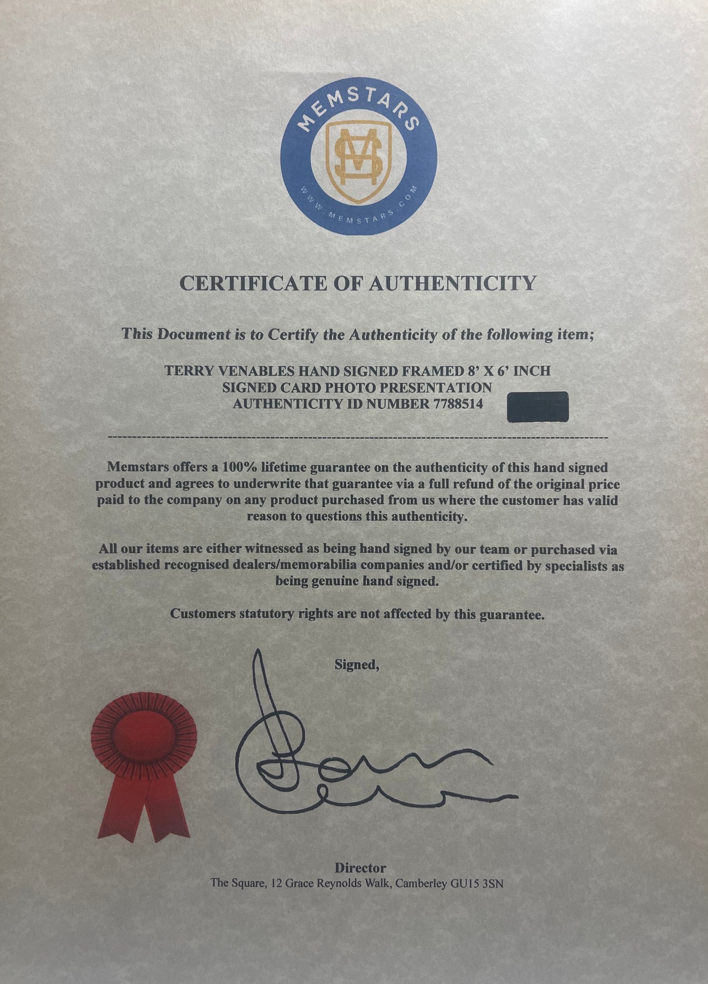 TERRY VENABLES FORMER ENGLAND MANAGER HAND SIGNED CARD PRESENTATION WITH COA