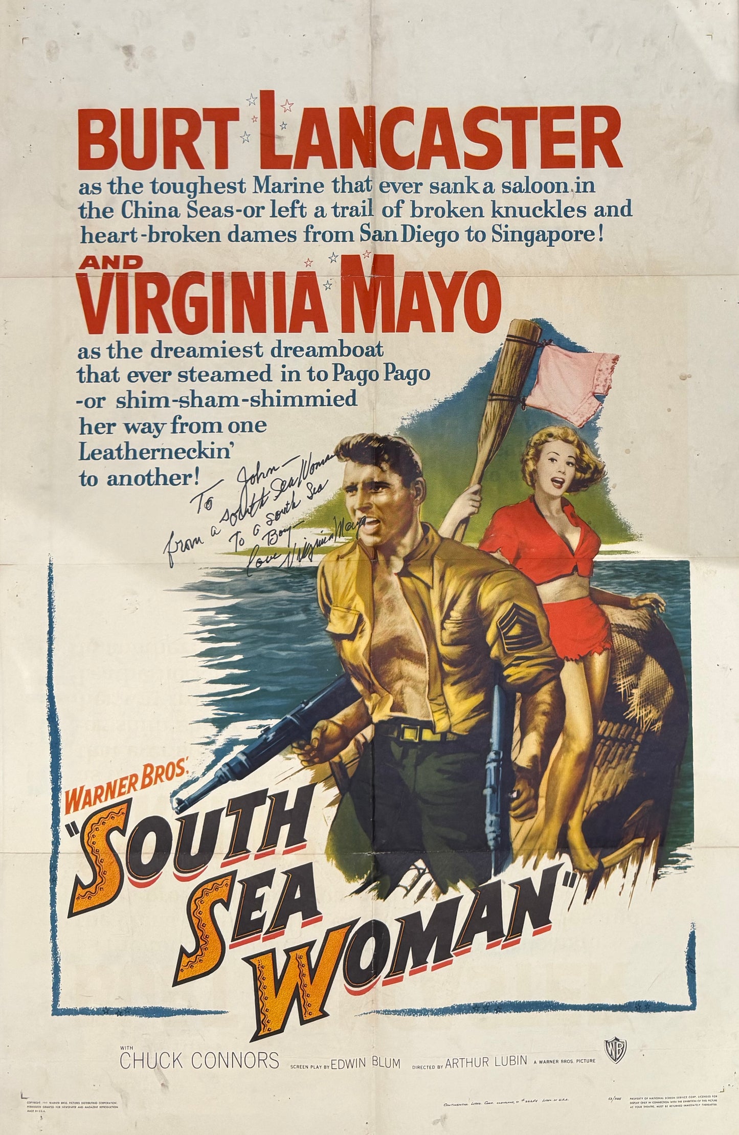 South Sea Woman Original Cinema Film Poster Hand Signed By Virgina Mayo & COA