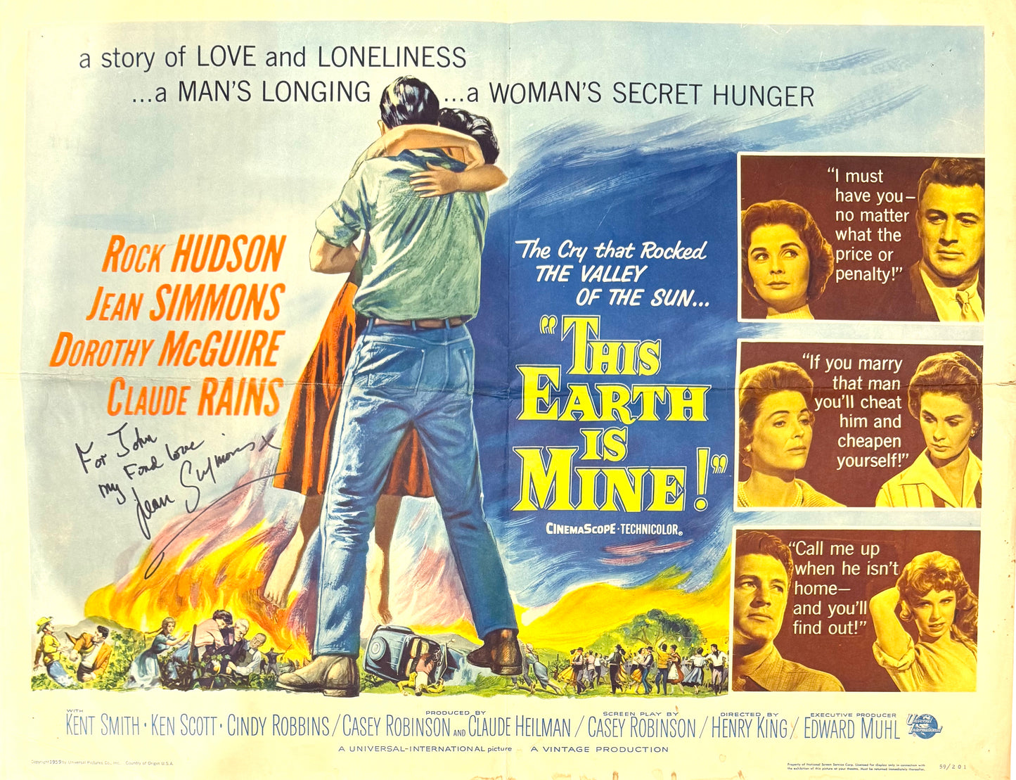 This Earth Is Mine, Original 1959 Universal Pictures Film Poster Hand Signed By Jean Simmons & COA