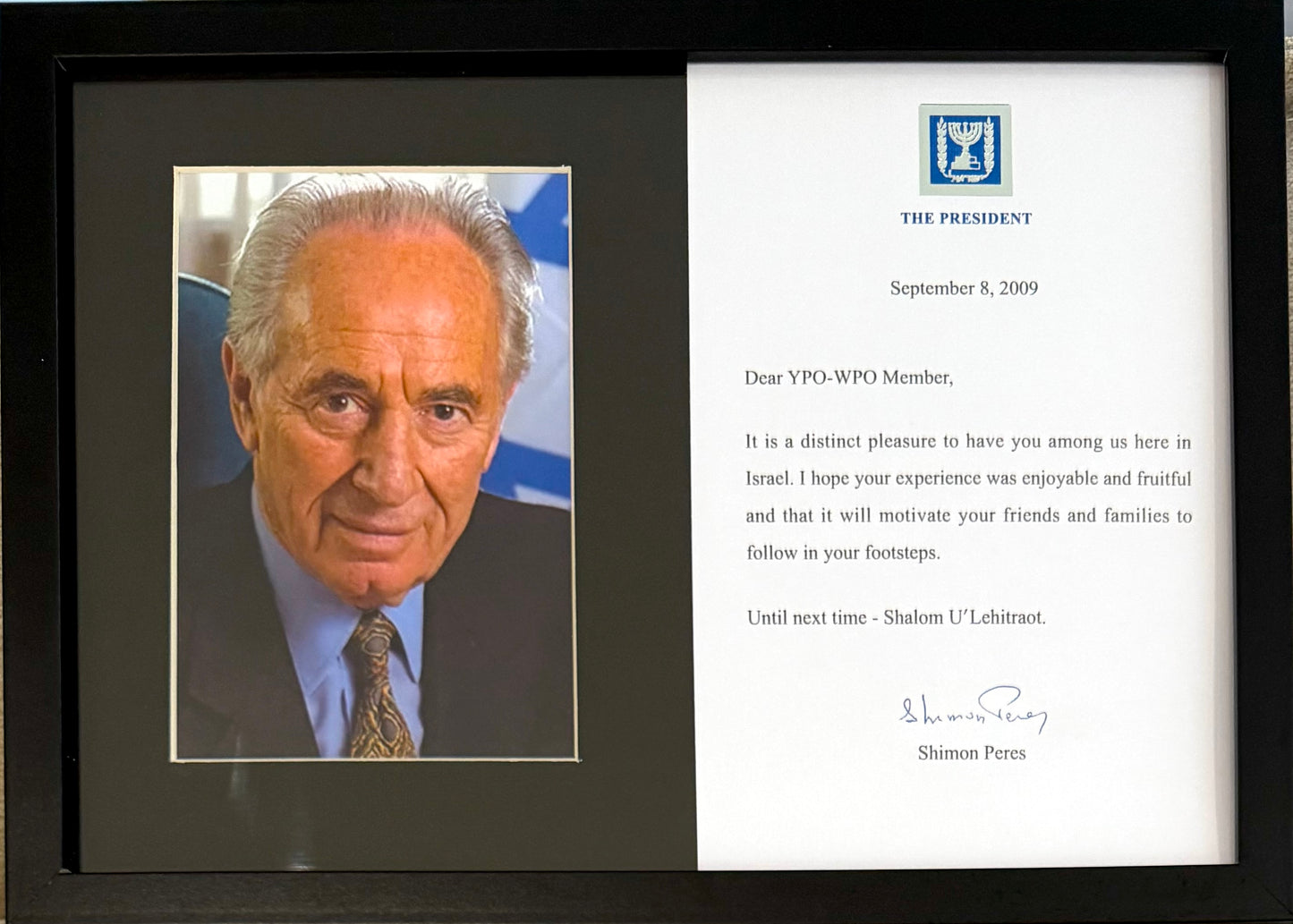 Shimon Perez, Former Israeli Prime Minister, Hand Signed Letter Presentation & AFTAL COA