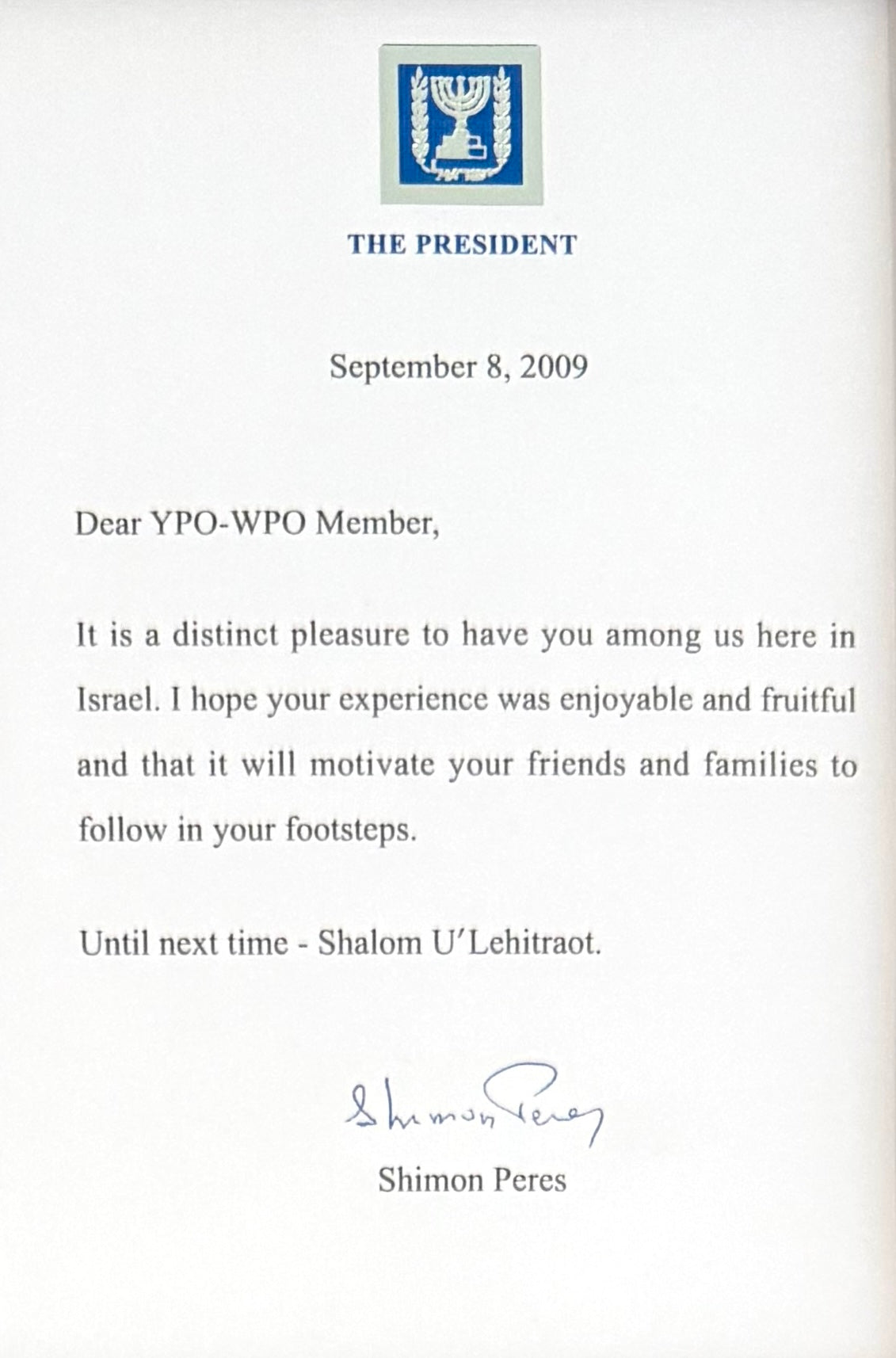 Shimon Perez, Former Israeli Prime Minister, Hand Signed Letter Presentation & AFTAL COA