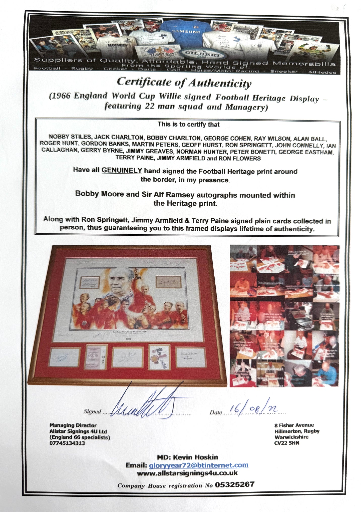 England 1966 SUPER RARE Full Squad (23) Hand Signed Photo Presentation with COA