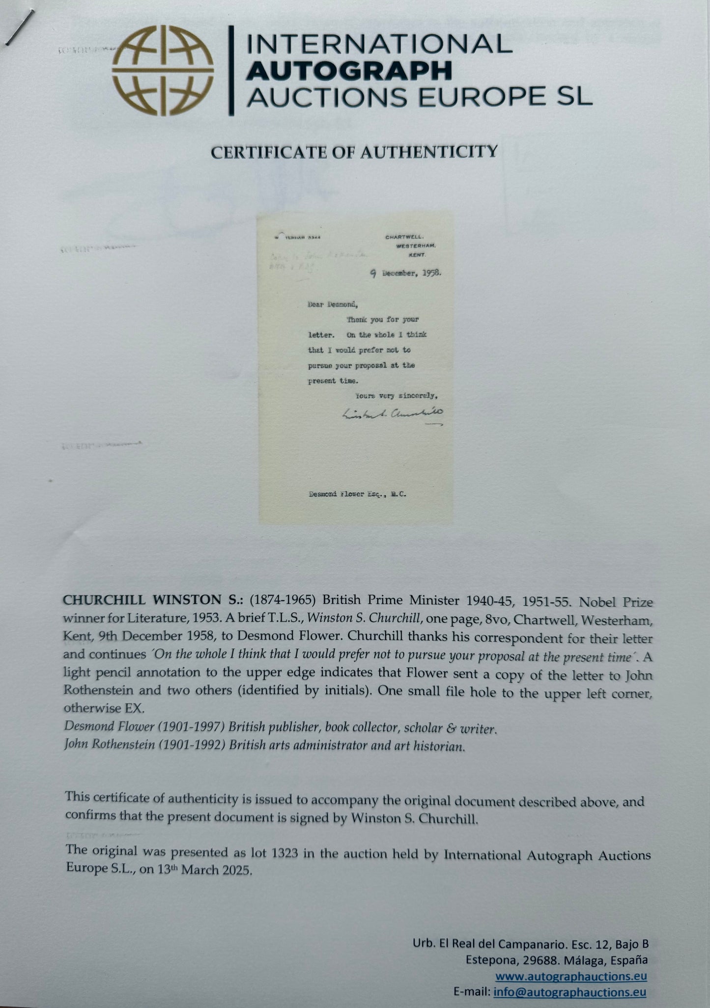 Sir Winston Churchill, Former British Prime Minister, Hand Signed Letter With COA