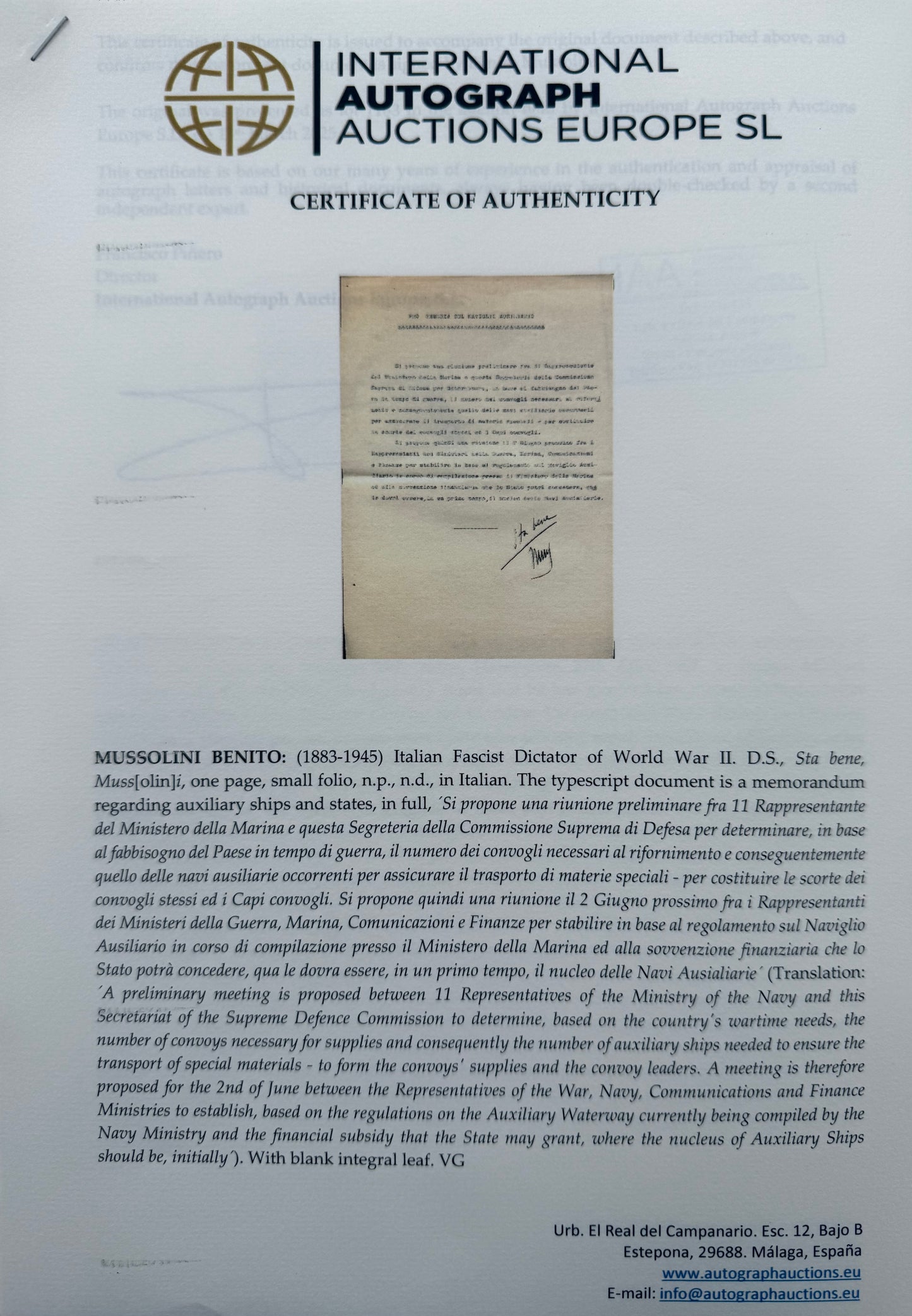 Benito Mussolini, Former Italian WWII Fascist Dictator, Hand Signed Letter Presentation & COA