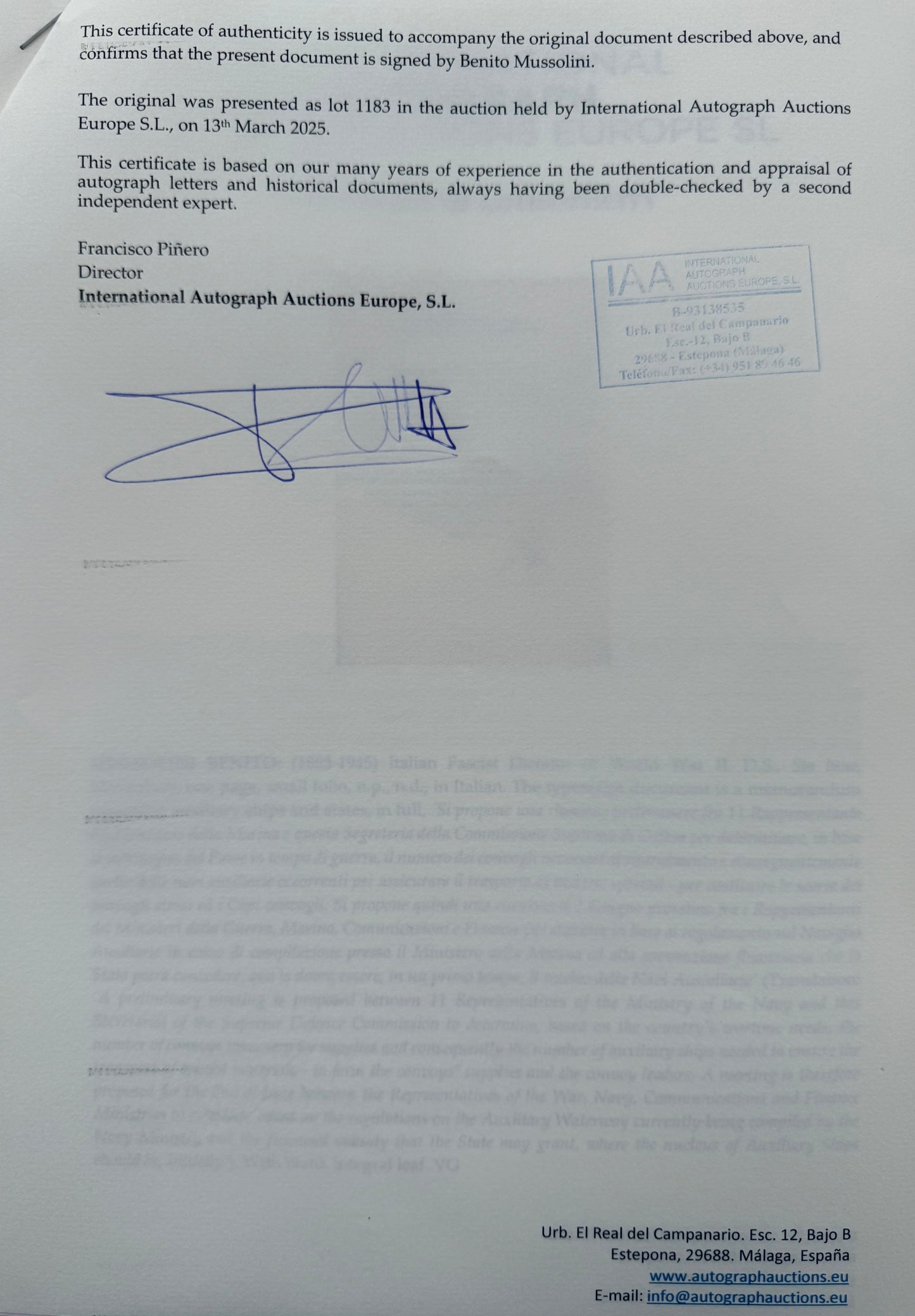 Benito Mussolini, Former Italian WWII Fascist Dictator, Hand Signed Letter Presentation & COA