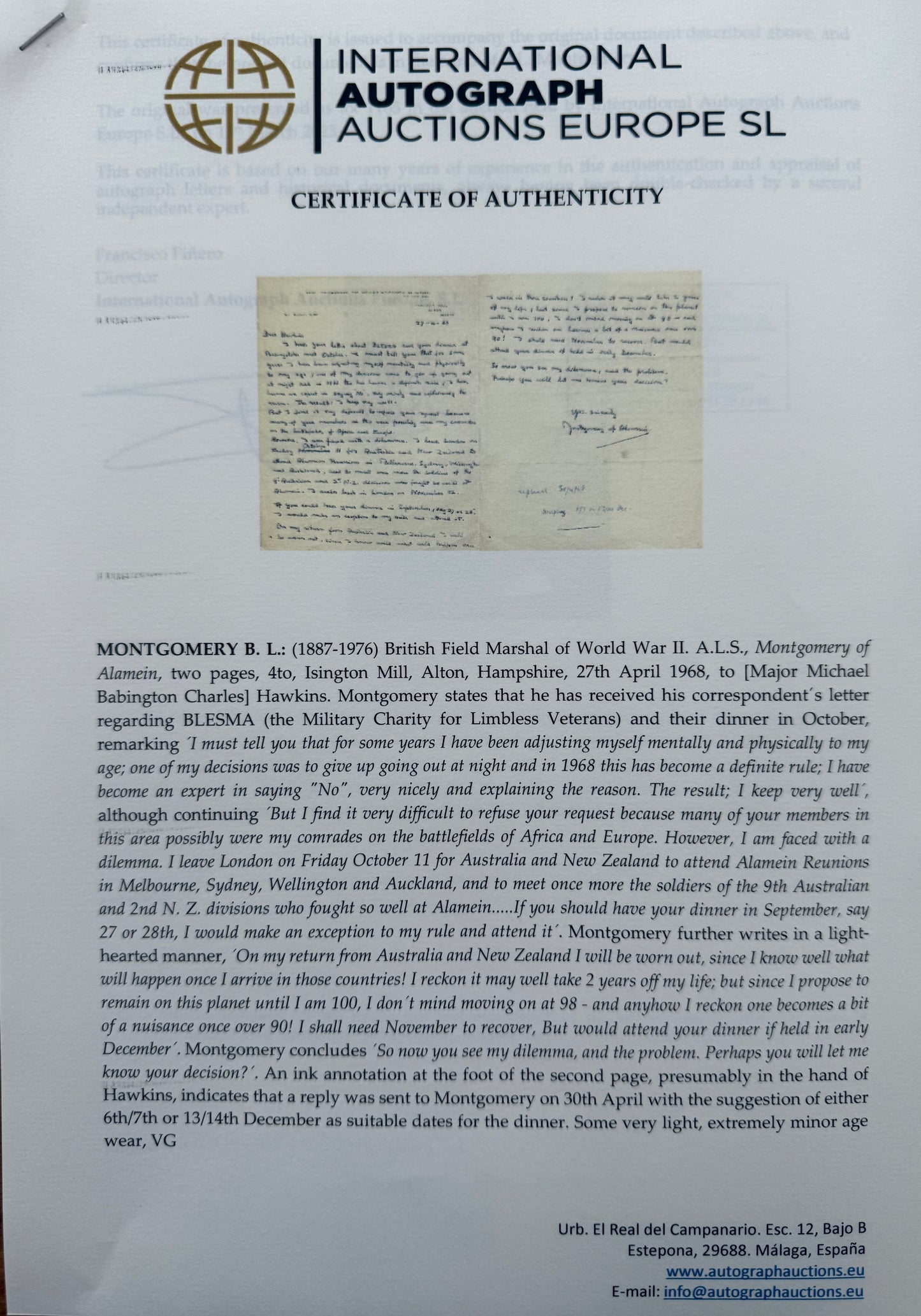 Viscount Montgomery of Alamein, 'Monty' Hand Signed Letter Presentation & COA
