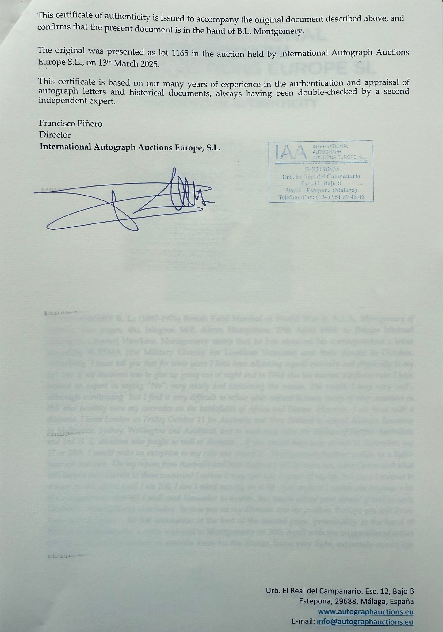 Viscount Montgomery of Alamein, 'Monty' Hand Signed Letter Presentation & COA