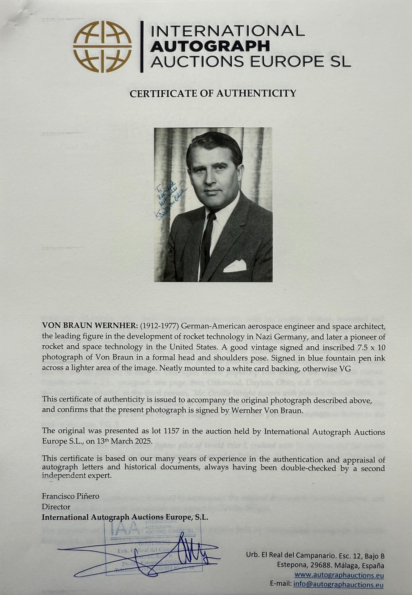 Wernher Von Braun, German-American Rocket, Space Scientist, Hand Signed Photo Presentation & COA