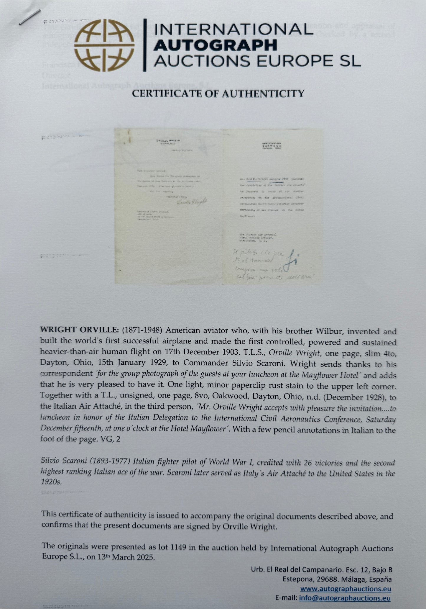Orville Wright, The 'Wright Brothers' Aviators, Hand Signed Letter With COA