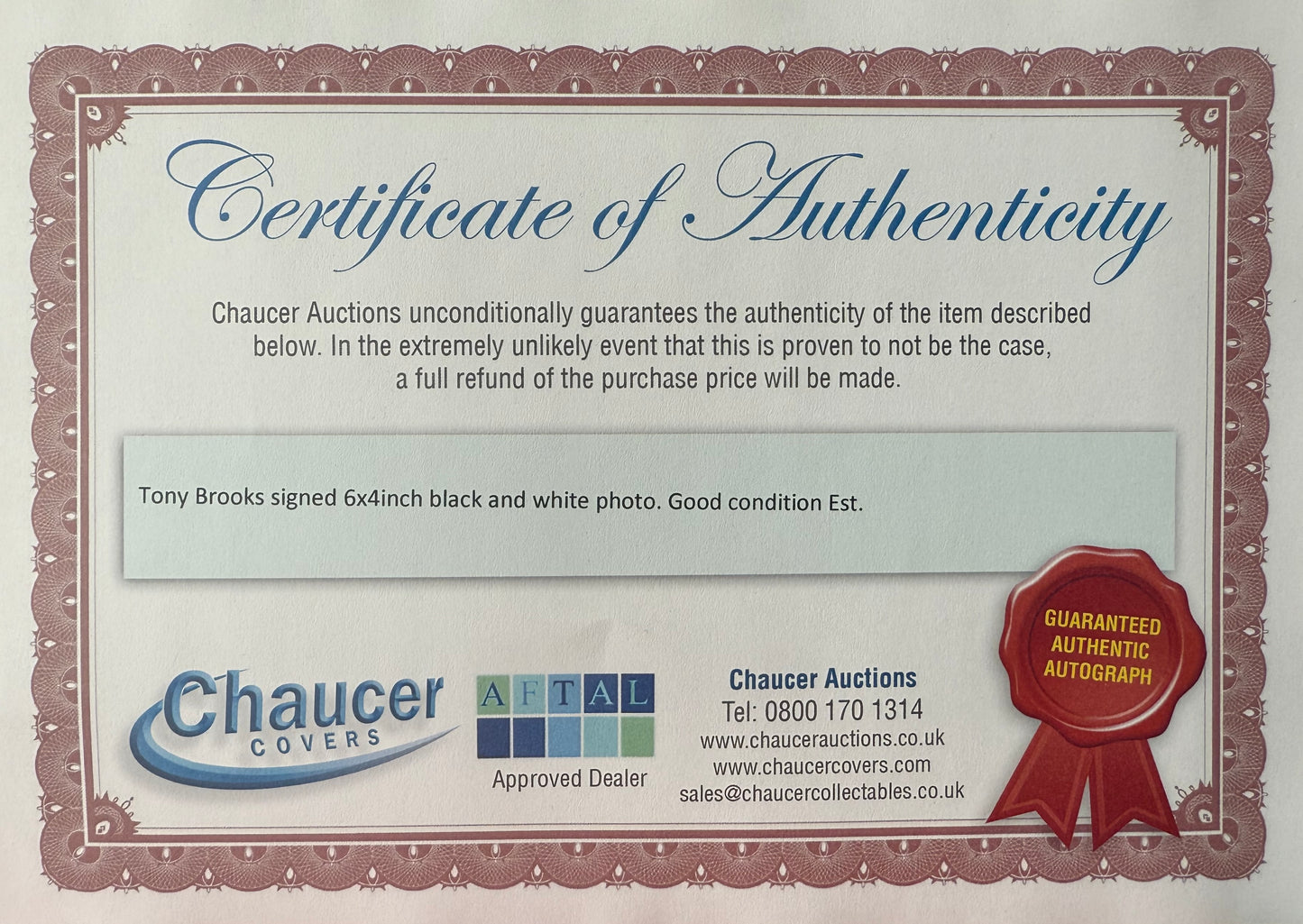 Tony Brooks, Iconic F1 Driver Framed (8'' x 6' inch) Hand Signed Photo Presentation, AFTAL Member COA