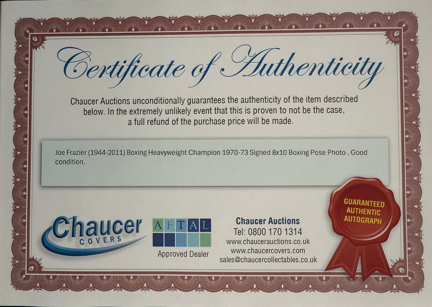 Smokin Joe Frazier Hand Signed Framed (12'x10'inch) Photo With AFTAL Member COA