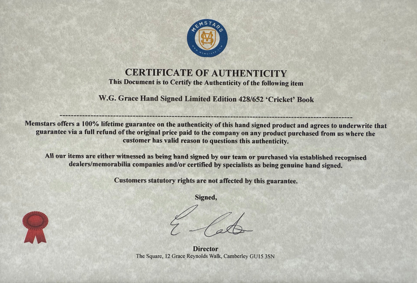 W.G Grace Guaranteed Hand Signed Limited Edition ‘Cricket’ Book With COA
