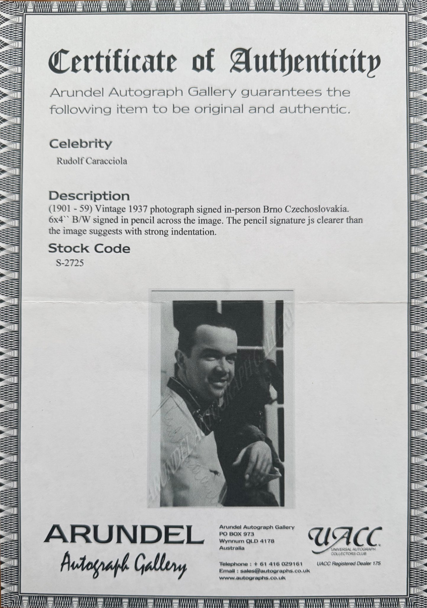 Rudolf Caracciola Former Mercedes F1 Driver, Hand Signed Photo Presentation With UACC COA