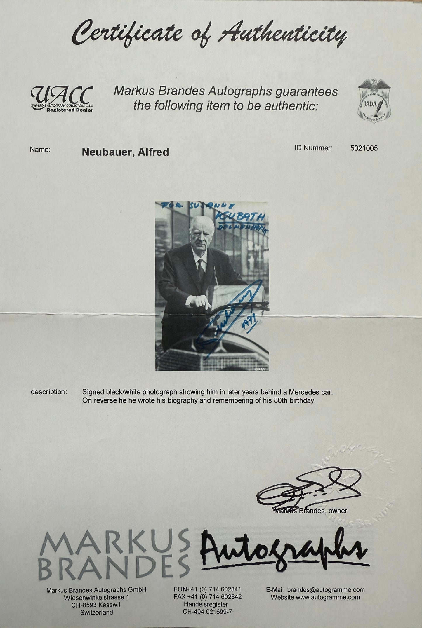 Alfred Neubauer Original Mercedes F1 Team Manager, Hand Signed Photo Presentation With UACC COA