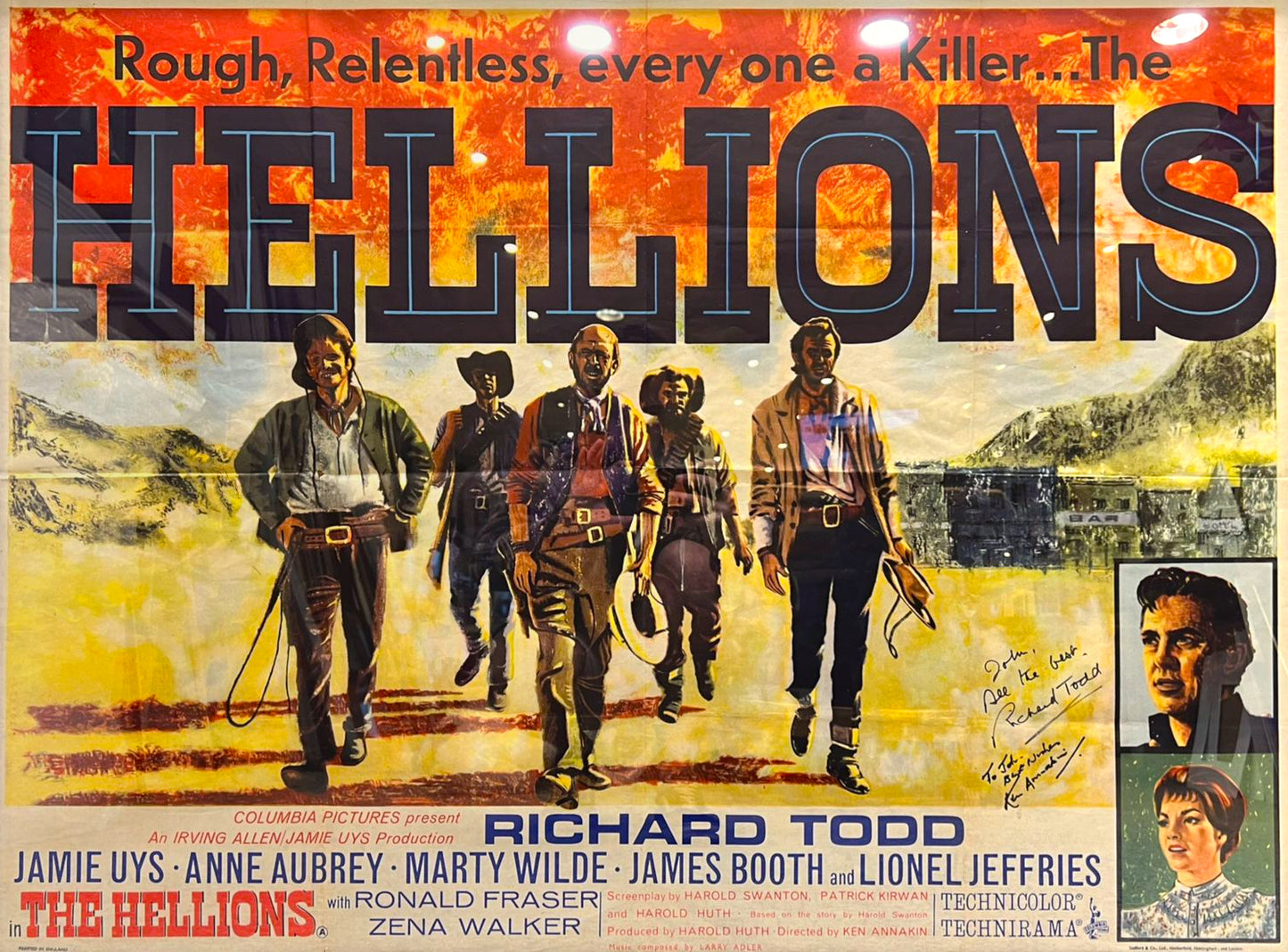 'HELLIONS' HAND SIGNED BY RICHARD TODD ORIGINAL CINEMA POSTER WITH COA