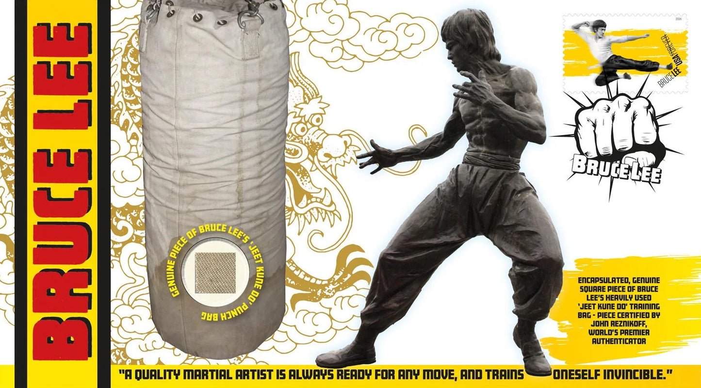 Bruce Lee; An Actual Piece Of His Used Kick Bag Relic FDC, John Reznikoff COA & Authenticated.