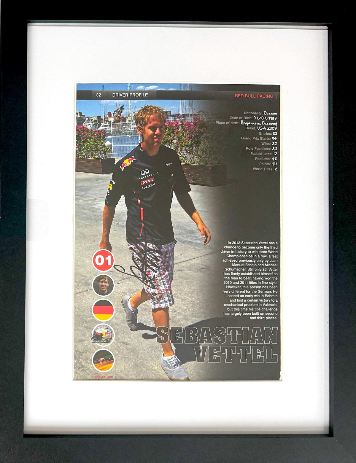 Sebastian Vettel, Red Bull, Ferrari - Hand Signed Framed Magazine Page & COA