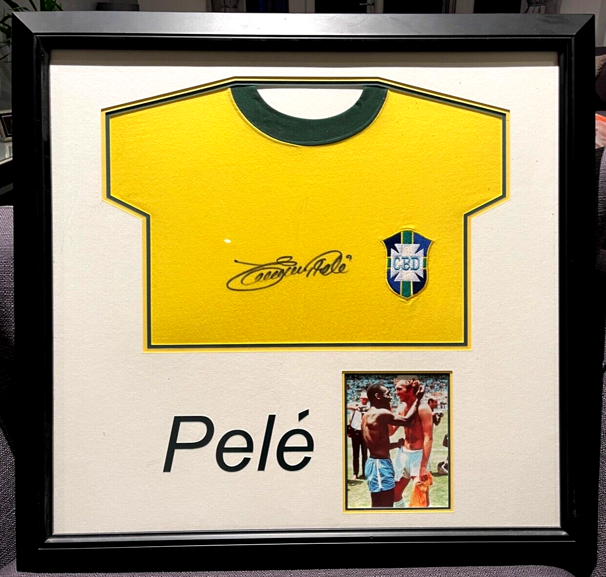 PELE HAND SIGNED FRAMED BRAZIL SHIRT WITH COA