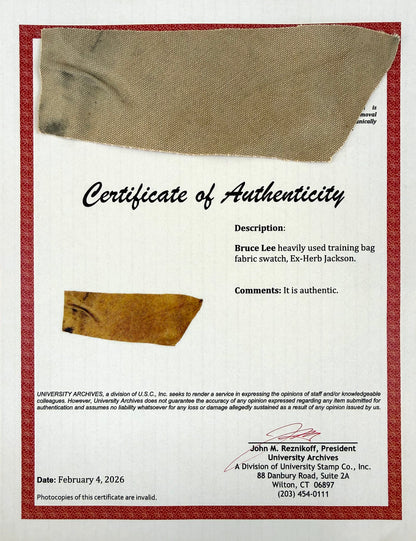 Bruce Lee; An Actual Piece Of His Used Kick Bag Relic FDC, Framed 40cm x 30cm, John Reznikoff COA