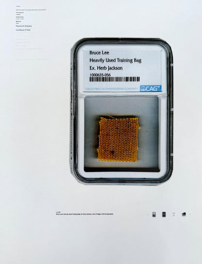 Bruce Lee; An Actual Piece Of His Used Kick Bag Relic FDC, Framed 40cm x 30cm, John Reznikoff COA