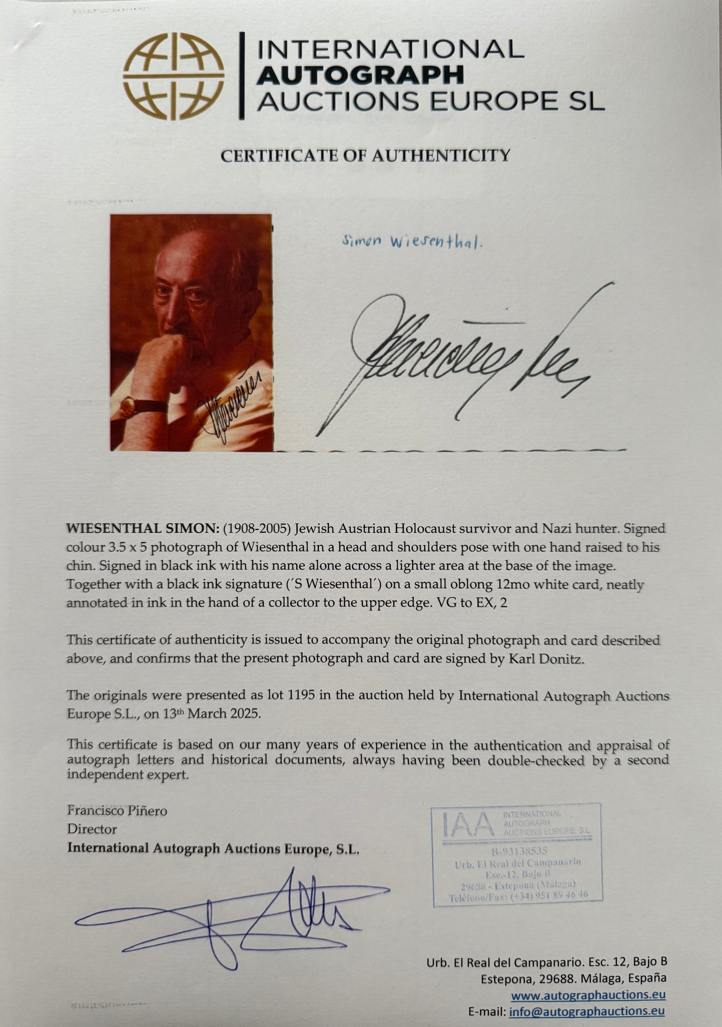 Simon Wiesenthal, Holocaust Survivor, WW2 Nazi Hunter, Hand Signed Photo & COA