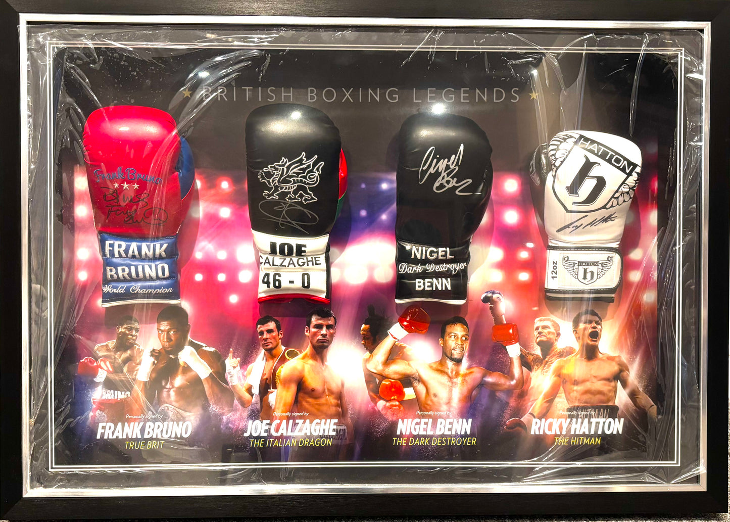 FORMER WORLD BOXING CHAMPIONS HAND SIGNED GLOVE PRESENTATION WITH COA