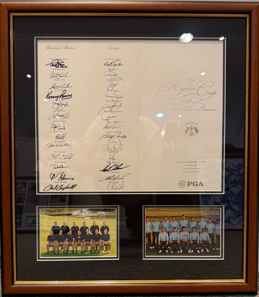 Ryder Cup 2008 Multiple Full Teams Hand Signed Welcome Dinner Menu, 50cm x 45cm Framed With COA