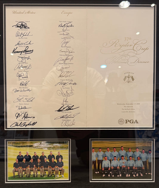 Ryder Cup 2008 Multiple Full Teams Hand Signed Welcome Dinner Menu, 50cm x 45cm Framed With COA