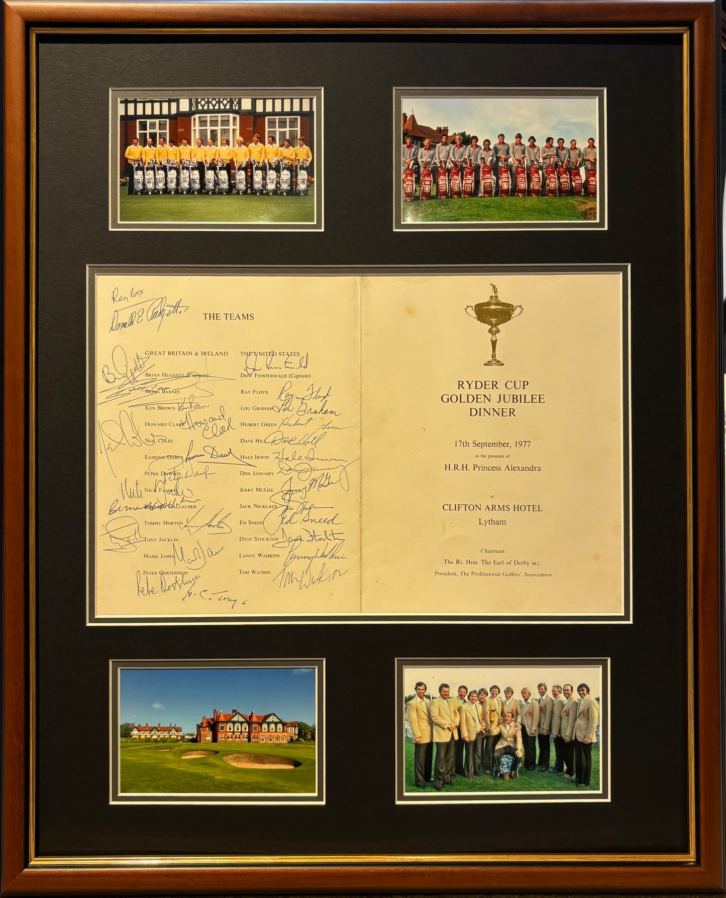 Ryder Cup Multiple Hand Signed 1977 Jubilee Dinner Menu, 68x55cm Framed With COA