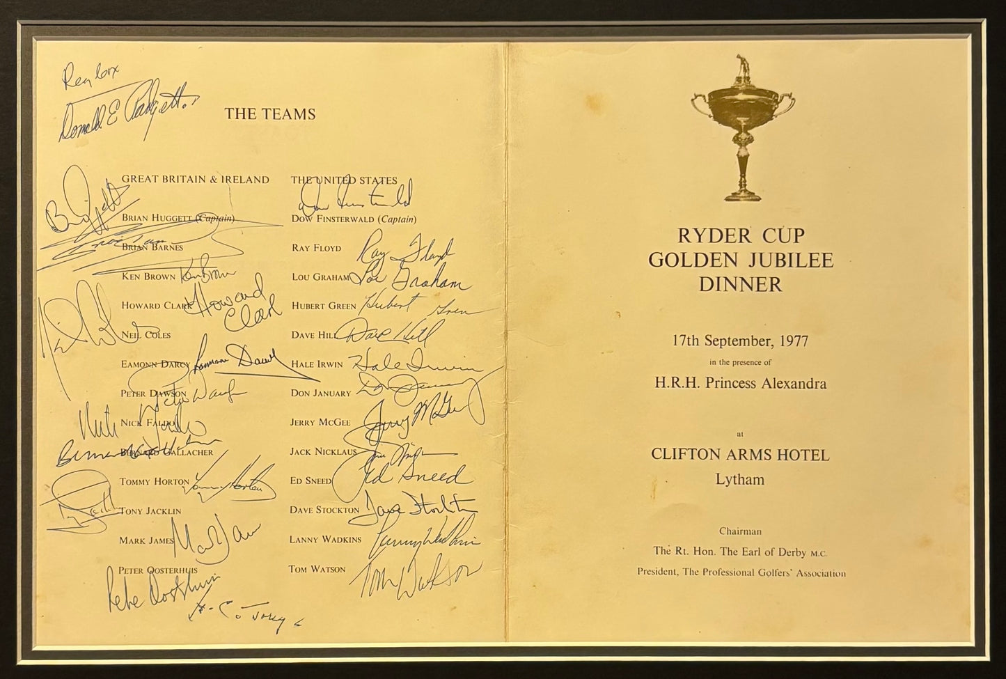 Ryder Cup Multiple Hand Signed 1977 Jubilee Dinner Menu, 68x55cm Framed With COA