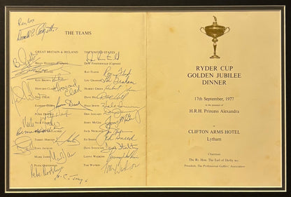 Ryder Cup Multiple Hand Signed 1977 Jubilee Dinner Menu, 68x55cm Framed With COA