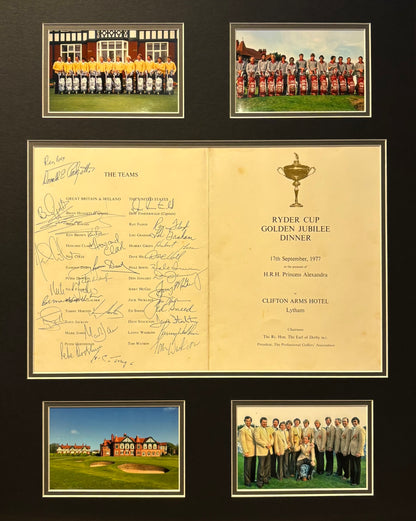 Ryder Cup Multiple Hand Signed 1977 Jubilee Dinner Menu, 68x55cm Framed With COA