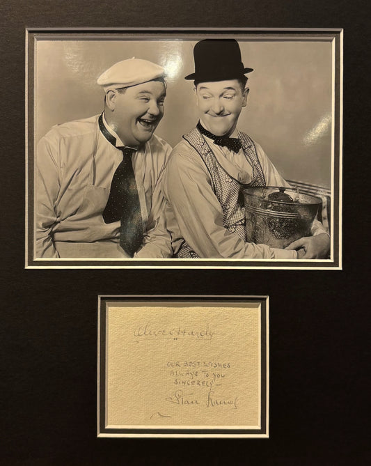 Stan Laurel and Oliver Hardy Hand Signed Card Presentation With AFTAL COA