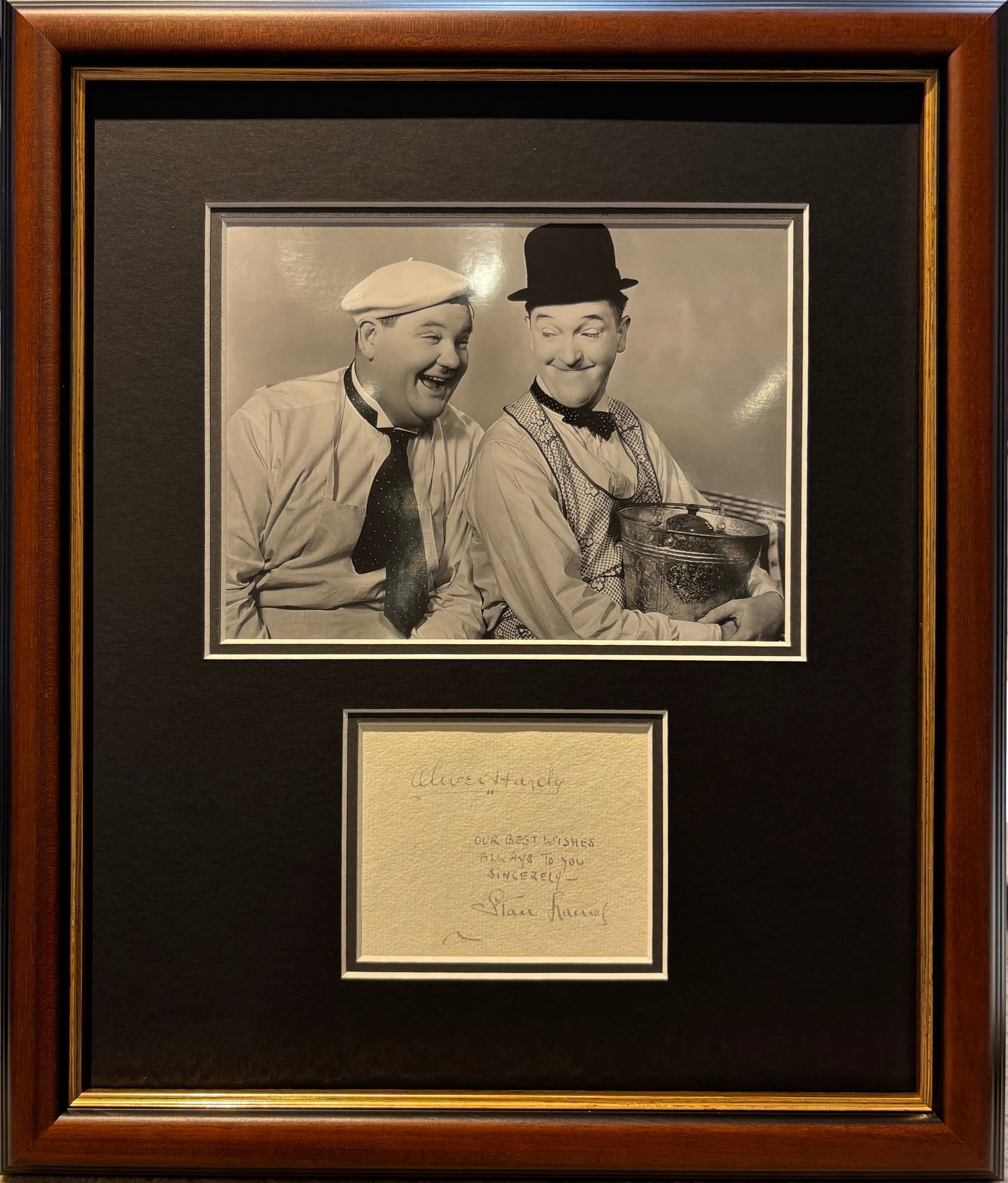 Stan Laurel and Oliver Hardy Hand Signed Card Presentation With AFTAL COA