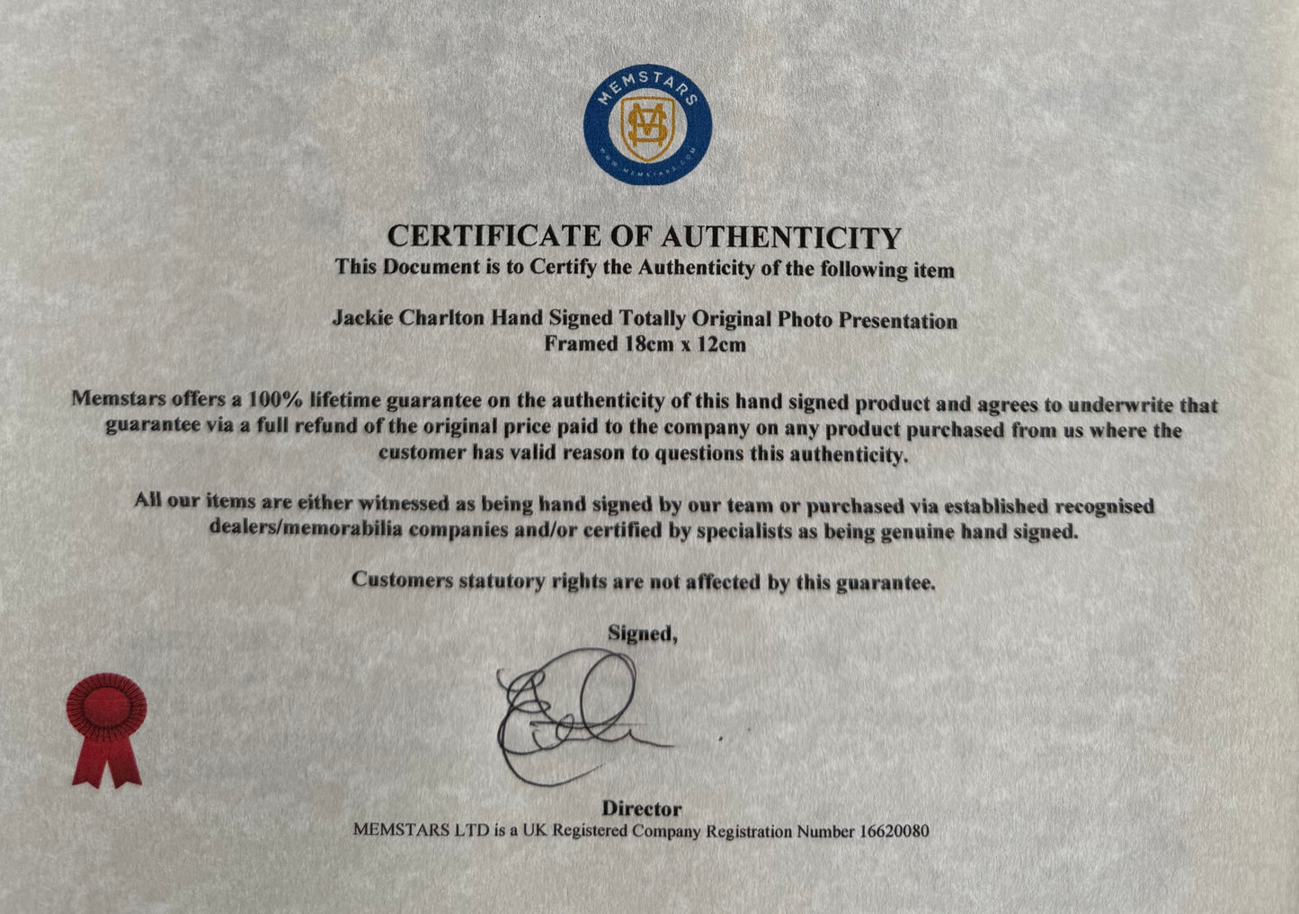 Sir Jack Charlton Hand Signed Card & Photo Presentation with COA