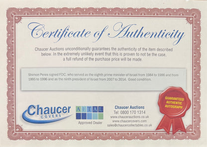Shimon Perez, Former Israeli Prime Minister, Hand Signed FDC Presentation & AFTAL COA