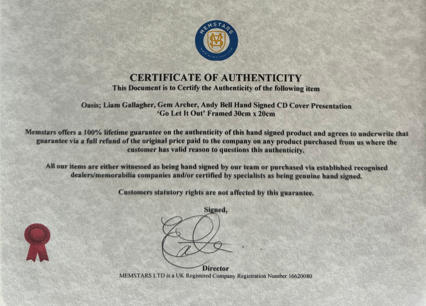 Oasis; Liam Gallagher, Andy Bell, Gem Archer, Hand Signed CD Cover Presentation & COA