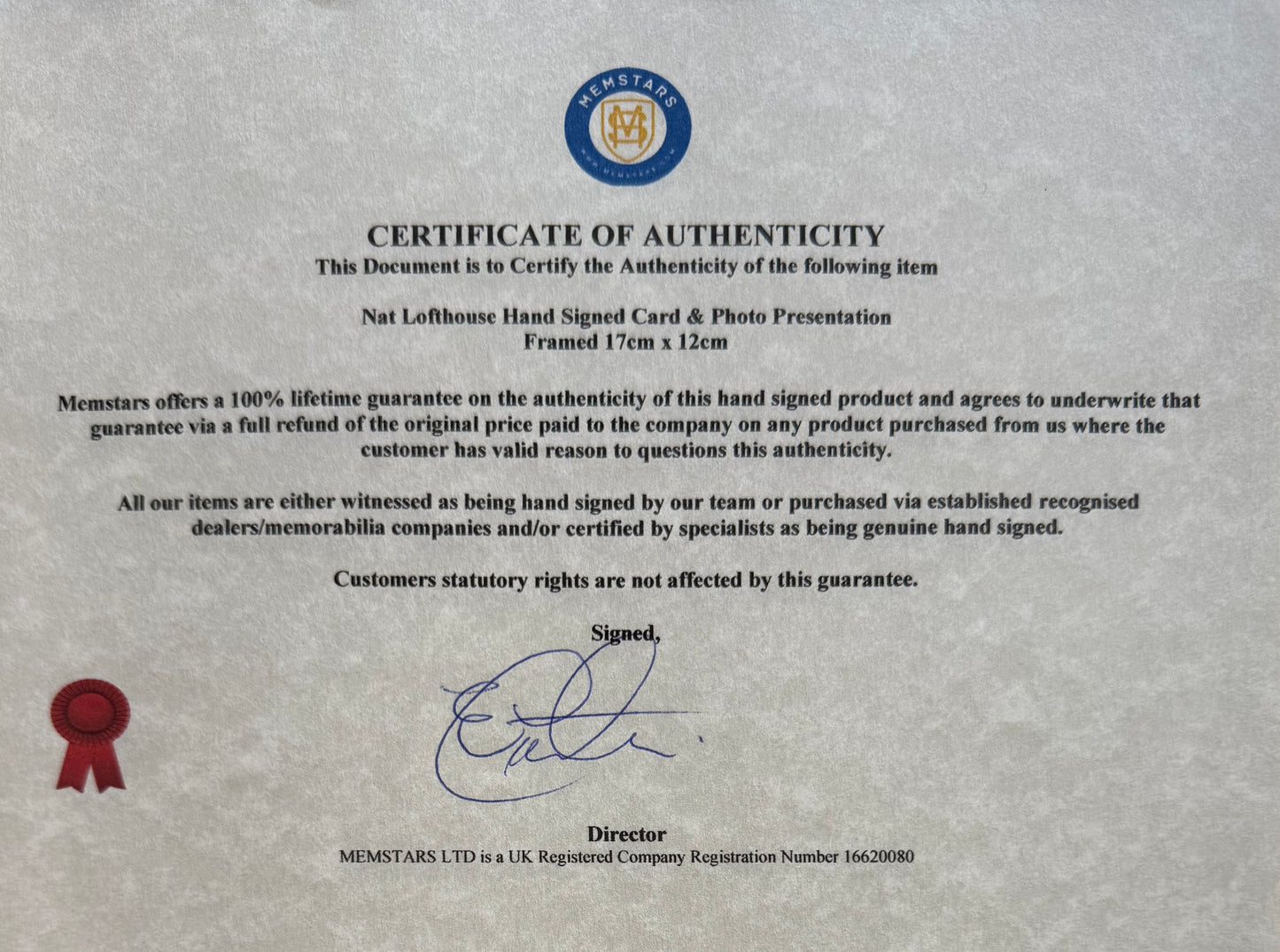 Nat Lofthouse, Bolton Wanderers Legend, Hand Signed Card With Photo Presentation & COA