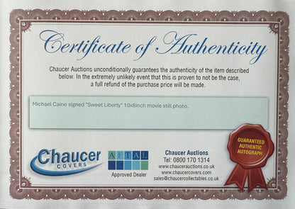 Michael Caine, Hand Signed 'Sweet Liberty' Original Film Photo & AFTAL Member COA