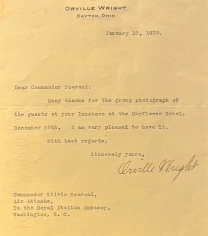 Orville Wright, The 'Wright Brothers' Aviators, Hand Signed Letter With COA