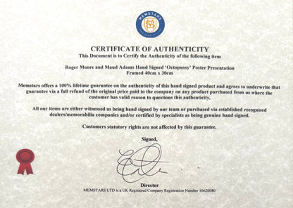 Roger Moore, Maud Adams, 007 James Bond 'Octopussy' Actors, Hand Signed Poster Photo & COA