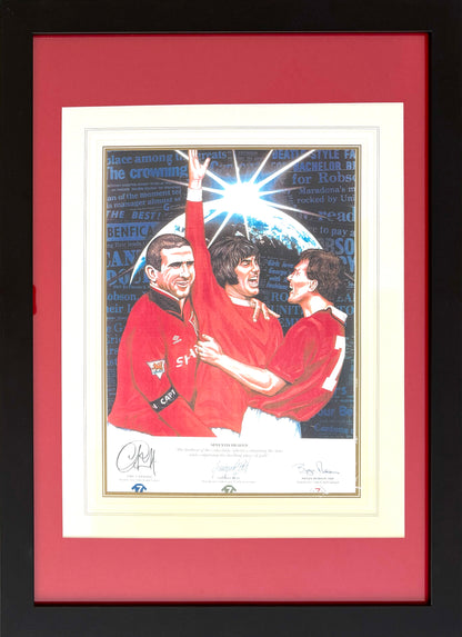 George Best, Bryan Robson, Eric Cantona, Manchester United Legends, Stunning Hand Signed Limited Edition Print& & COA