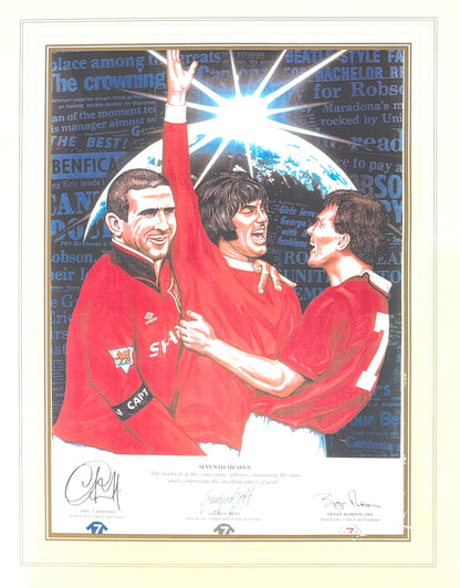 George Best, Bryan Robson, Eric Cantona, Manchester United Legends, Stunning Hand Signed Limited Edition Print& & COA
