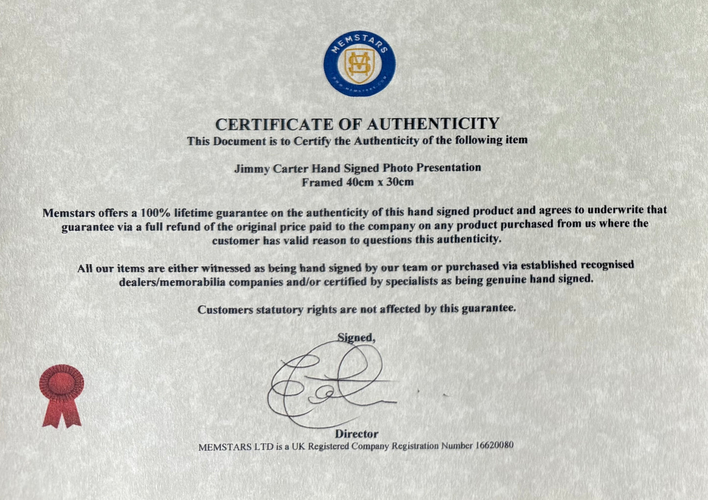 Jimmy Carter, Former President of the USA, Hand Signed Photo Presentation, With COA