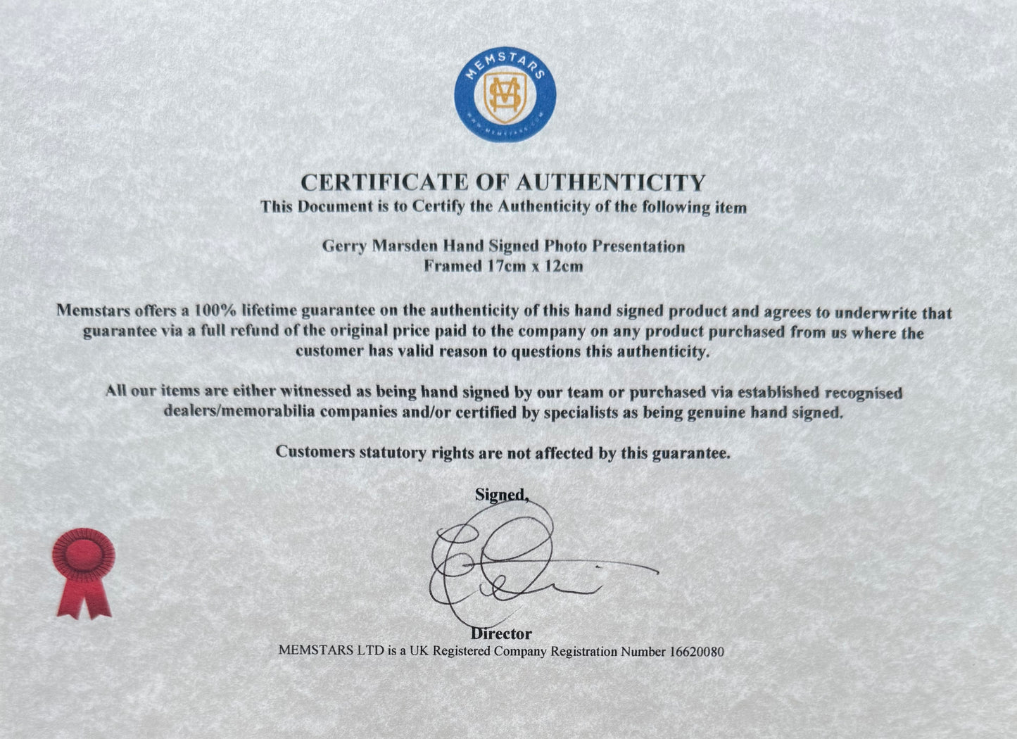 Gerry Marsden, Guaranteed Hand Signed Original Framed 17 x 12cm Photo, With COA