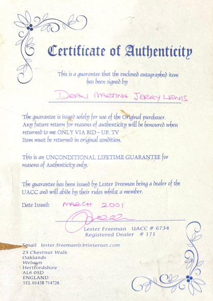 Dean Martin, Jerry Lewis, Guaranteed Hand Signed Framed Card Presentation With COA