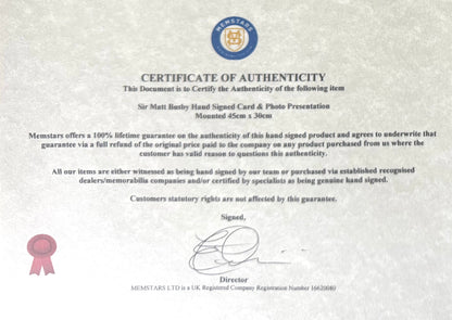 Sir Matt Busby, Manchester United Legend, Hand Signed Card with Photo Presentation & COA